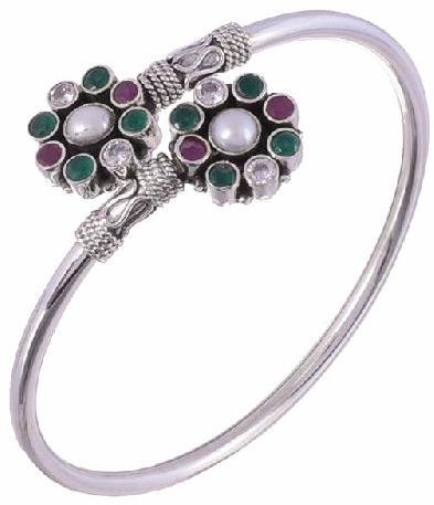 Antique Oxidised Sleek Silver Multistone Bangle