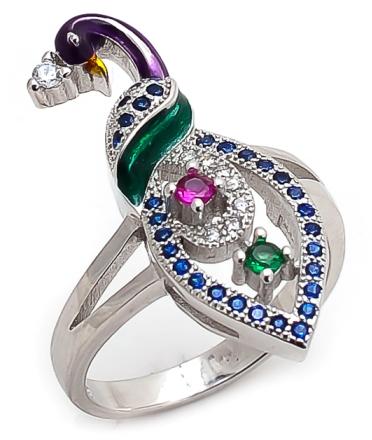 925 Sterling Silver CZ Multicolor Peacock Ring