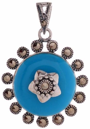 925 Sterling Silver Marcasite Blue Round Pendant