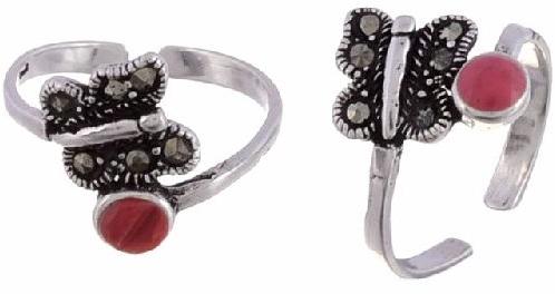 Silver Butterfly and Red Stone Toerings, Size : Adjustable