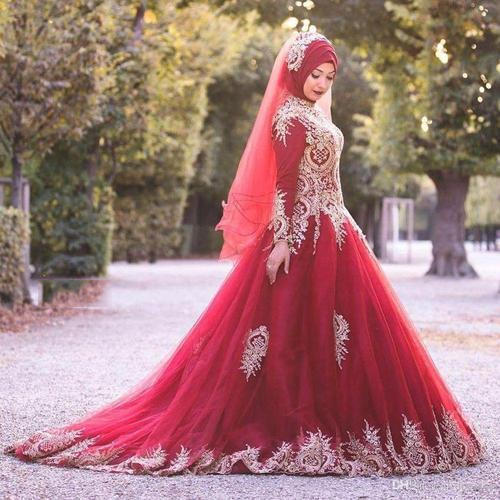 Embroidered Chiffon Muslim Wedding Dresses, Color : Maroon