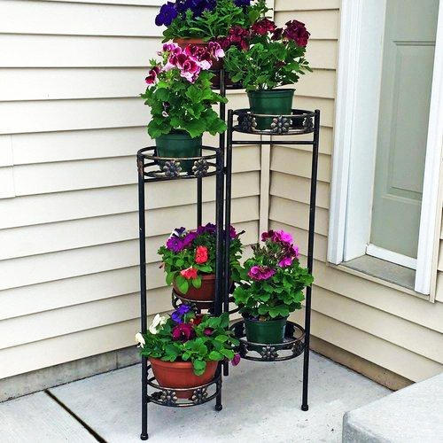 Round Mild Steel Painted Coated Garden Plant Stand, Color : Black