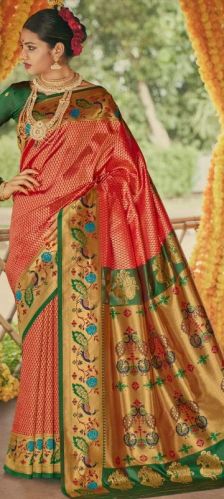Unstitched Banarasi Paithani Silk Saree, Technics : Hand Made