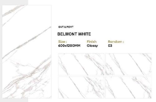 Rectangular Belmont White GVT Glossy Tiles, For Flooring, Roofing, Size : 600x1200 Mm