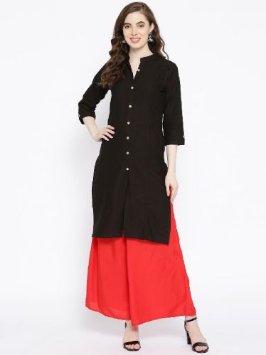 Vastraa Fusion Women's Cotton Solid Kurti - (Black)