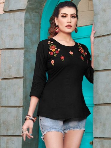 Black Embroidered Rayon Tunic, Size : XL, XXL