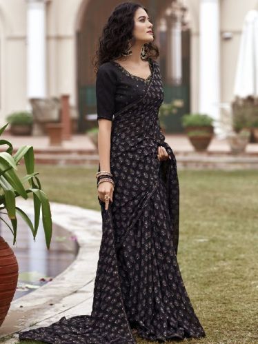 Black Printed Georgette Saree