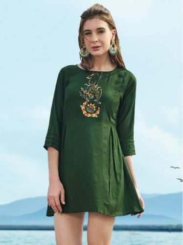 Bottle Green Embroidered Rayon Tunic, Size : S, XL, XXL