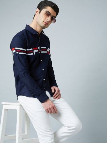 Stripes Pure Cotton Navy Shirt, Size : M, XL