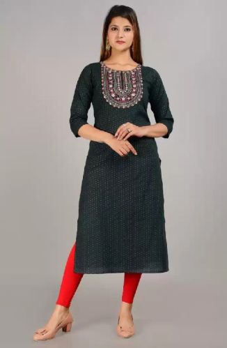 Ladies Dark Green Embroidered Straight Kurta, Size : Xl, Xxl