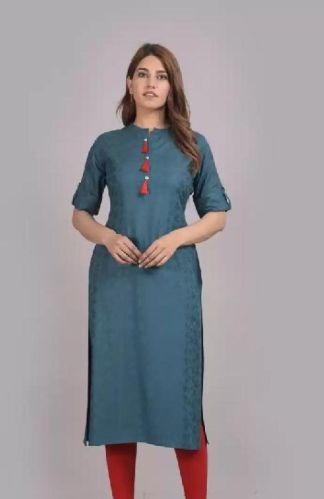 Ladies Dark Green Jacquard Straight Kurta, Size : M, Xl, Xxl