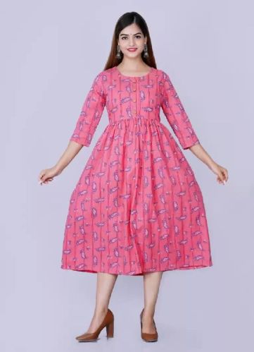 Ladies Pink Cotton A Line Kurta, Size : M, Xl, Xxl