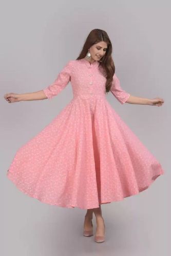 Ladies Pink Cotton Blend Flared Kurta, Size : M, XL, XXL