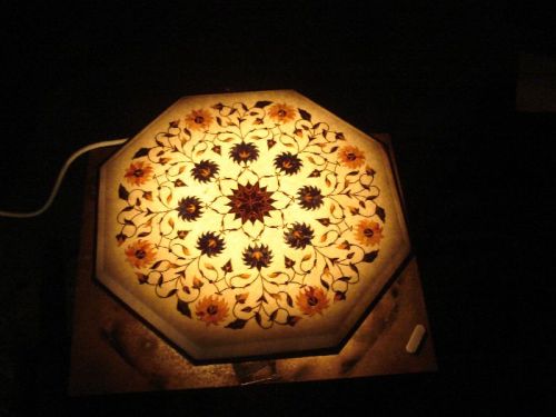 Polished Printed Marble Inlay Light Table, Shape : Round