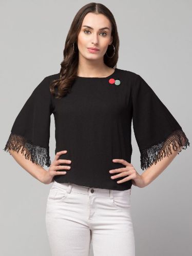 Plain Polyester Ladies Black Fringe Top, Size : M