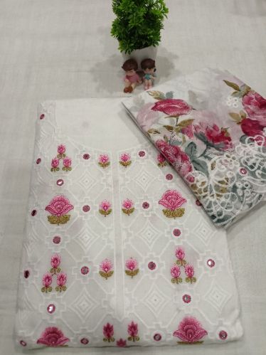 Cotton Lucknowi Chikankari Unstitched Suit, Color : White