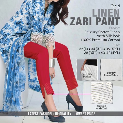 Printed 180 GSM 100 % Cotton Jersey Linen Zari Pant, Size : M-38>L-40>XL-42