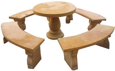 Sandstone Garden Table And Bench, For Resort, Landscaping, Etc., Color : Brown
