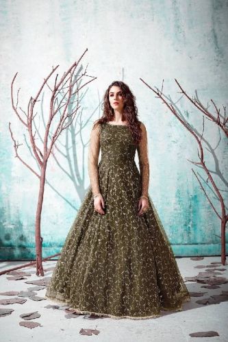 OLIVE GREEN NET PARTY WEAR GOWN SEMI STITCHED