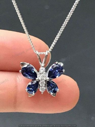 Real Diamond And Synthetic Blue Sapphire Butterfly Pendant