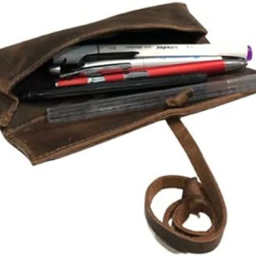 Dark Brown Rectangular Genuine Buffalo Leather Pencil Case