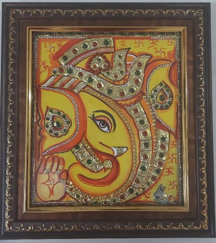 Fine HAND MADE Lord Ganesha Tanjore Paintings, Frame Type : Framed