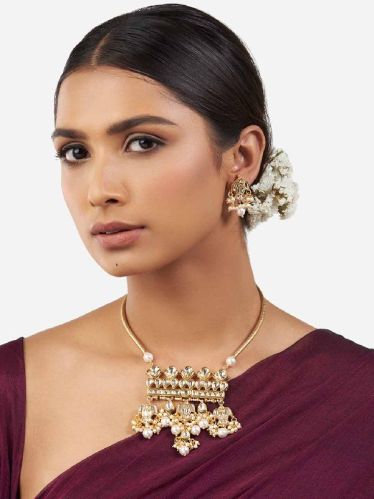 Gold Shell Pearl Necklace Set With Hydro Polki