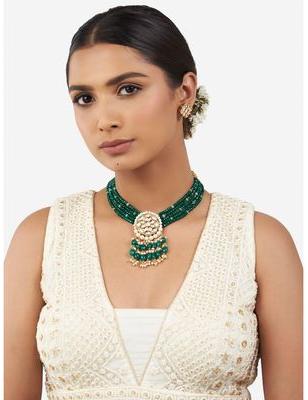 Green Agate Beaded Necklace Set With Shell Pearls and Hydro Polkis