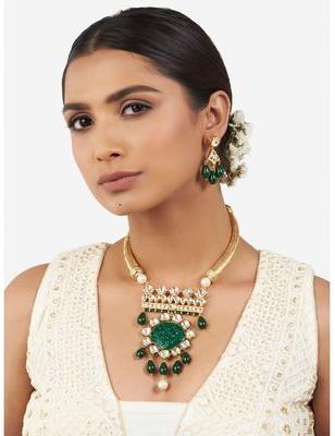 Multicolor Shell Pearl Necklace Set With Hydro Polki, Green Onyx and Drops