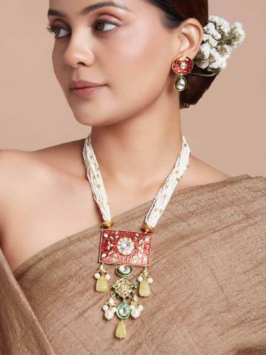 Hydro Polkis Red Meenakari Necklace Set, Color : Yellow