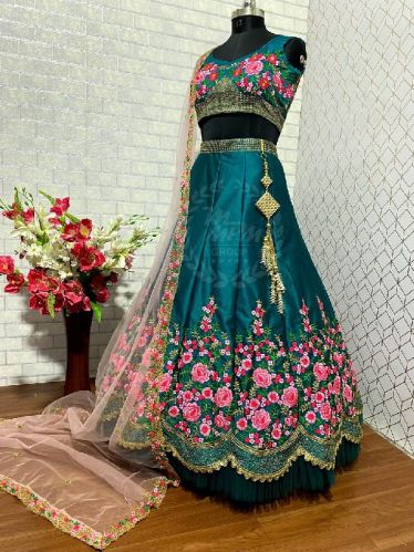 Aqua Blue Malay Satin Silk Lehenga Choli With Embroidery And Sequence Work With Butterfly Net