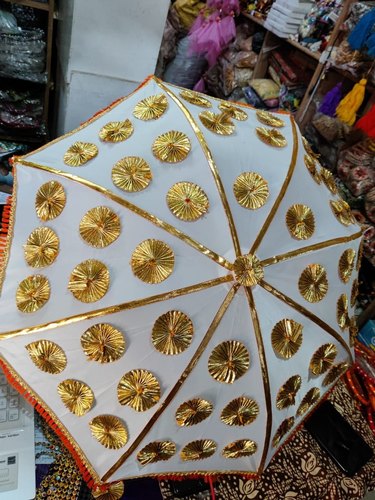 Gota Worked Silk Decorative Umbrella, Color : White Golden