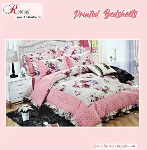 Rekhas Premium 100% Cotton Printed Bedsheet Pink and White Color
