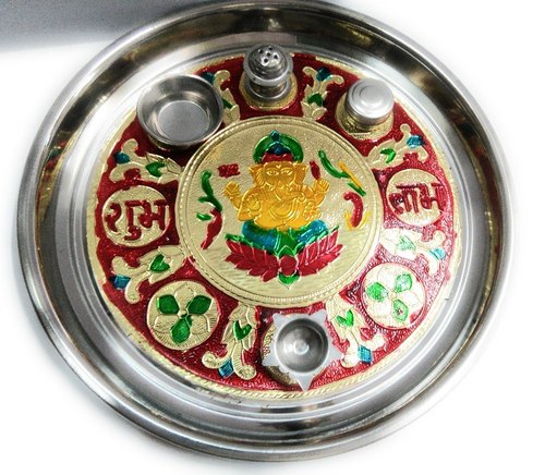 Stainless Steel Meenakari Pooja Thali, Shape : Round