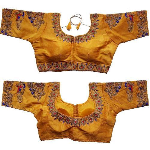 Women's Peacock Design Embroidered Phantom Silk Blouse With Round Neck Yellow Blouse