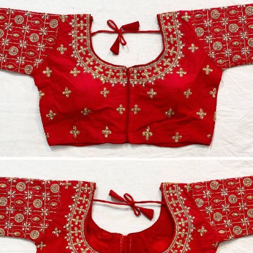 Cotton Red Embroidered Blouse, Technics : Machine Made