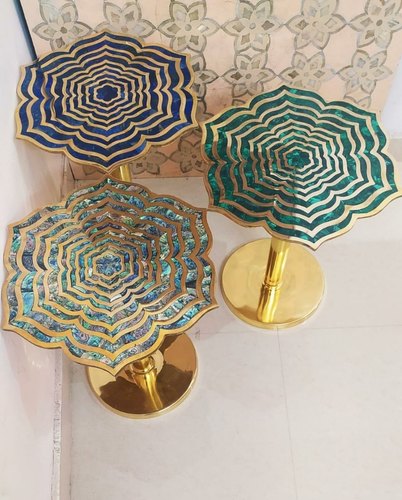 Brass Mirror Polish Gemstones Coffee Table Set, Color : Green