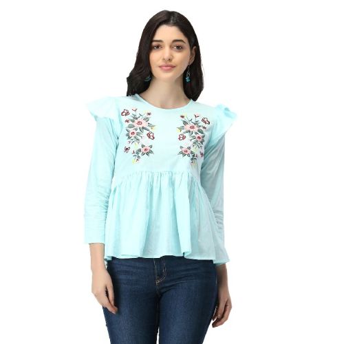 TR099 Sky Blue Cotton Embroidered Tops, Size : XL, XXL