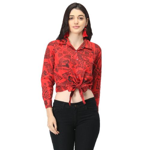 TR100 Red Crepe Embroidered Tops, Size : L, XL, XXL