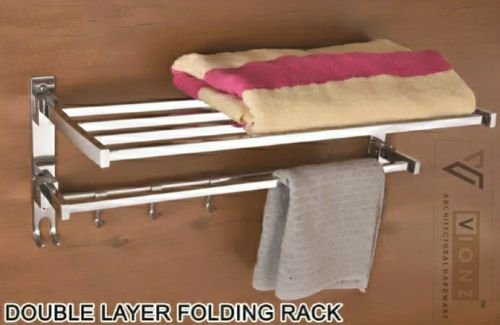 Silver Rectangular Double Layer Squaer Folding Rack, For Bathroom Accessories, Size : 19 Inch