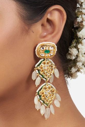 Blue Gold Tone Kundan Earrings With Jade Stones