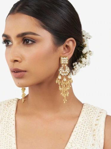 Green Gold Tone Kundan Earrings, Color : Golden