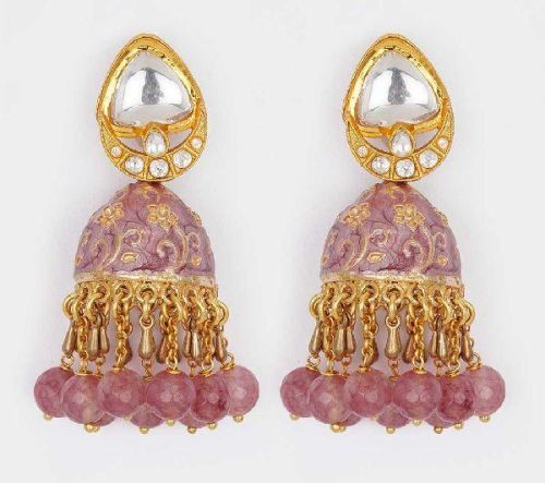 Pink Gold Tone Kundan Earrings, Color : Golden