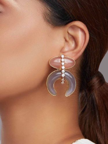 Rose Quartz Drop Earrings With Agate, Color : Pink, Grey