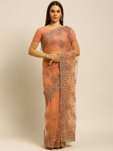 1031 Net Peach Heavy Coding Work Embroidered Saree