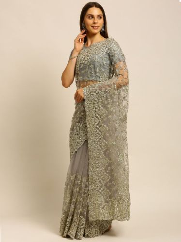 1063 Net Grey Heavy Coding Work Embroidered Saree