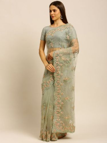 1297 Net Green Multi Thread Coding Work Embroidered Saree