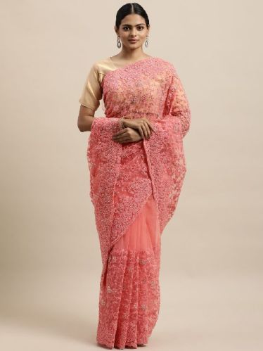 956 Net Pink Embroidered Saree, Packaging Type : Packet