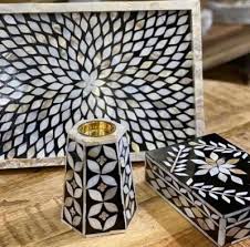 Black Mother Of Pearl Tray With Box and Tea Light