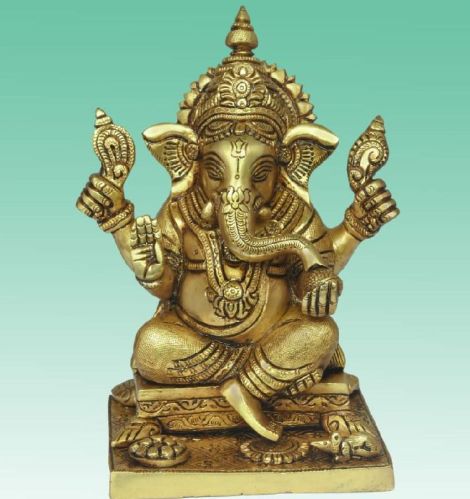 9 Inch Brass Lord Ganesha Statue, For Interior Decor, Gifting, Religious Purpose, Color : Golden